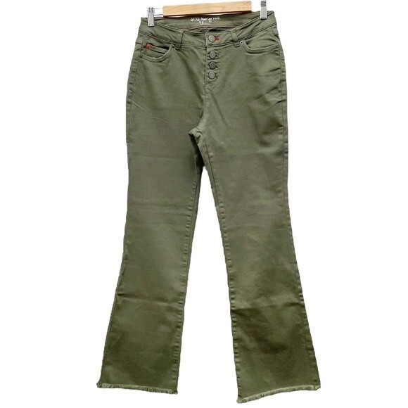 Peace Love World Olive Green Raw Hem Button Front Flare Jeans Women’s Size 2 - Picture 2 of 12